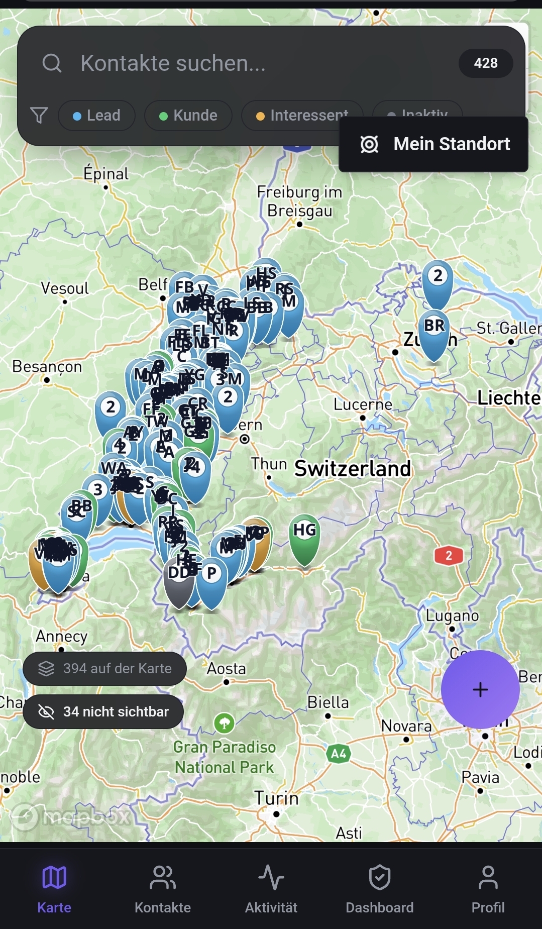 Carte GeoCRM de la Suisse avec contacts clients, filtres par type et recherche de lieu pour la planification des visites