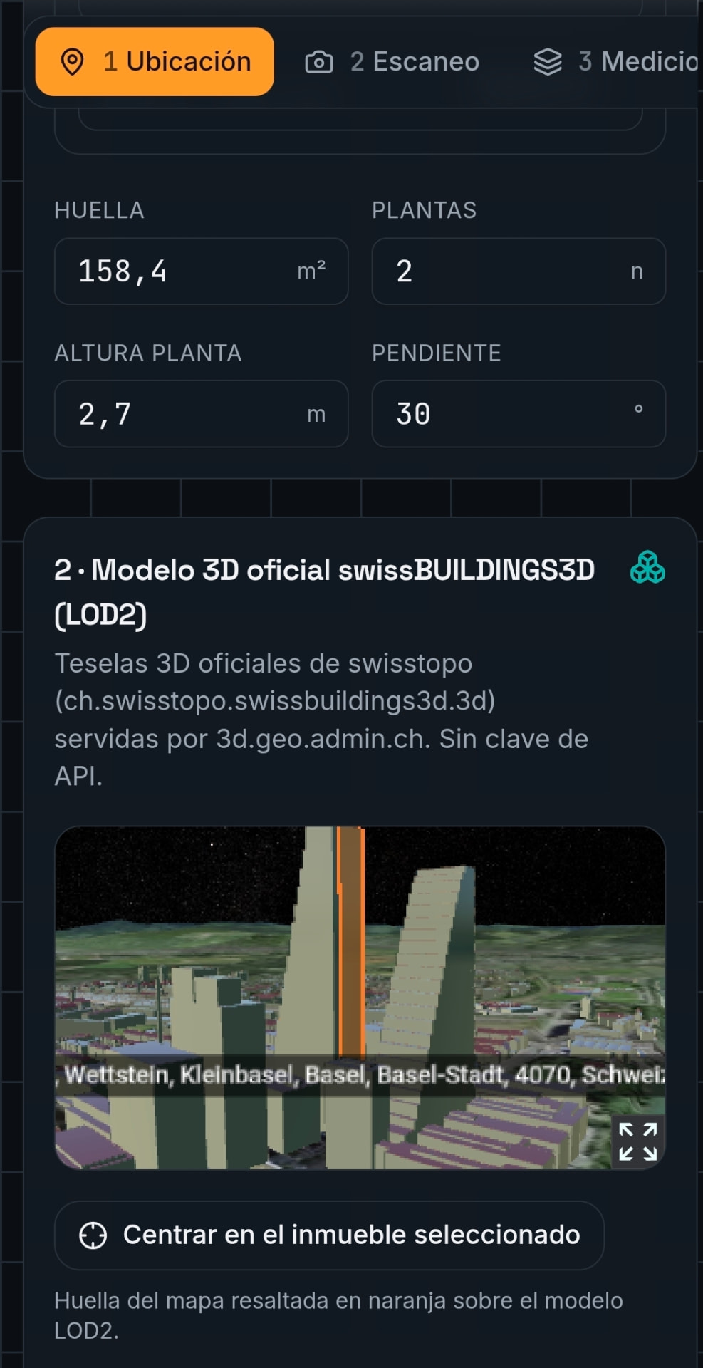 Interface MetriFusion avec modèle 3D du bâtiment (swissBUILDINGS3D, LOD2) et surfaces de façade, de toiture et volume calculés
