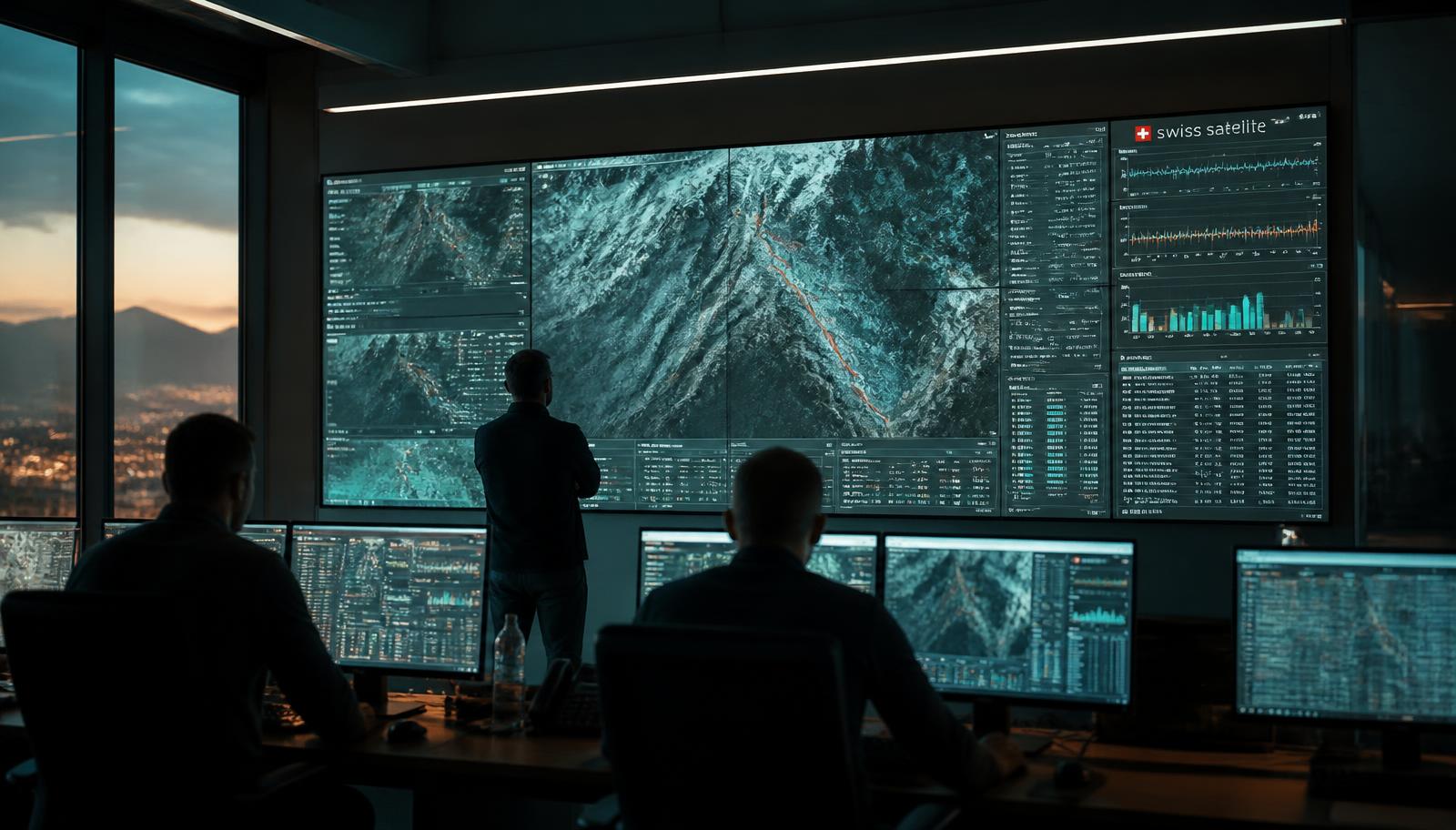 Salle de pilotage d'une équipe d'ingénieurs suisse avec cartes radar et tableaux de bord